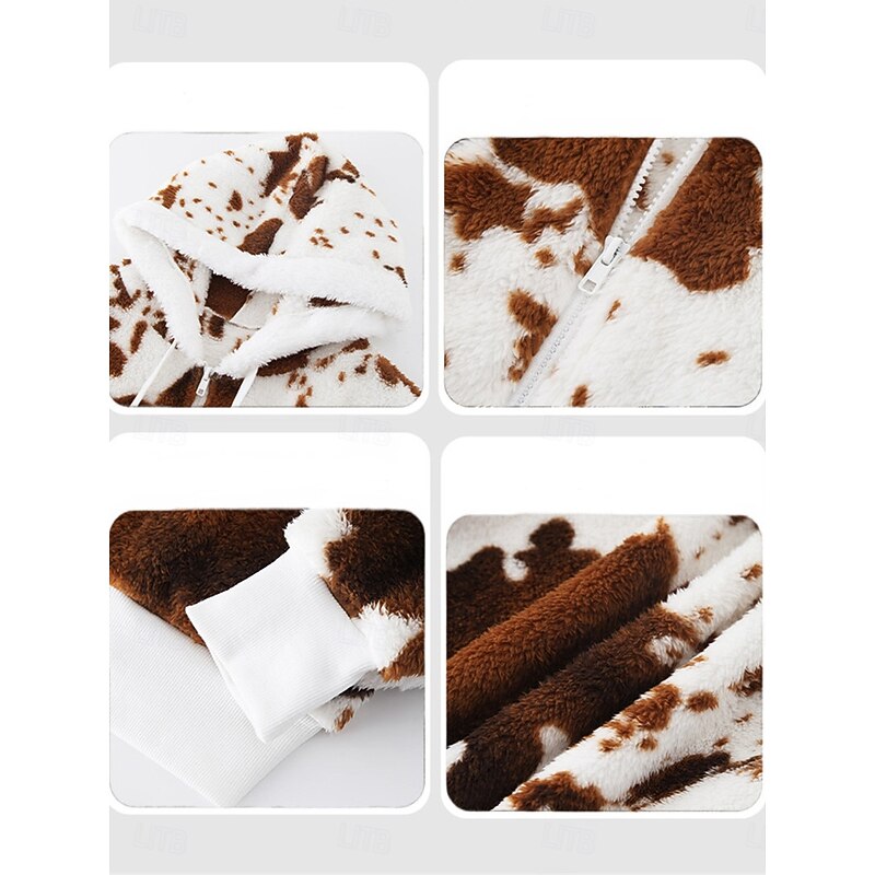 Women's Fleece Jacket Teddy Coat Hoodie Jacket Warm Breathable Zipper Pocket Fleece Lined Casual Cow Print Vacation Street Daily Wear Going out Zipper Regular Hoodie Regular Fit Long Sleeve Outerwear3