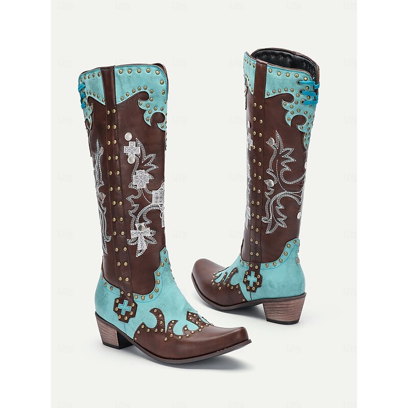 Women's Turquoise and Brown Faux Leather Western Cowboy Boots with Embellishments and Studded Detailing - Knee-High Boots for Rodeo and Festival Wear3