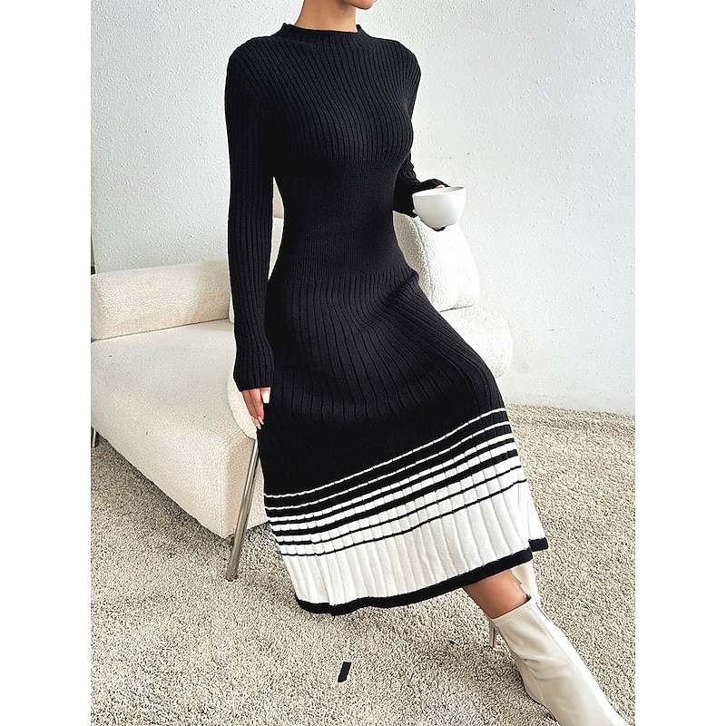 Women's Sweater Casual Print Color Gradient Mock Neck Crewneck Long Sleeve Long Tops Knit Work Black Fall Winter3