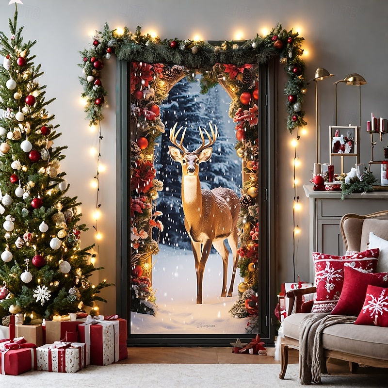 Christmas Door Decorations Door Covers Xmas Reindeer Door Tapestry Door Curtain Decoration Backdrop Door Banner for Front Door Farmhouse Holiday Party Decor Supplies Indoor/Outdoor3