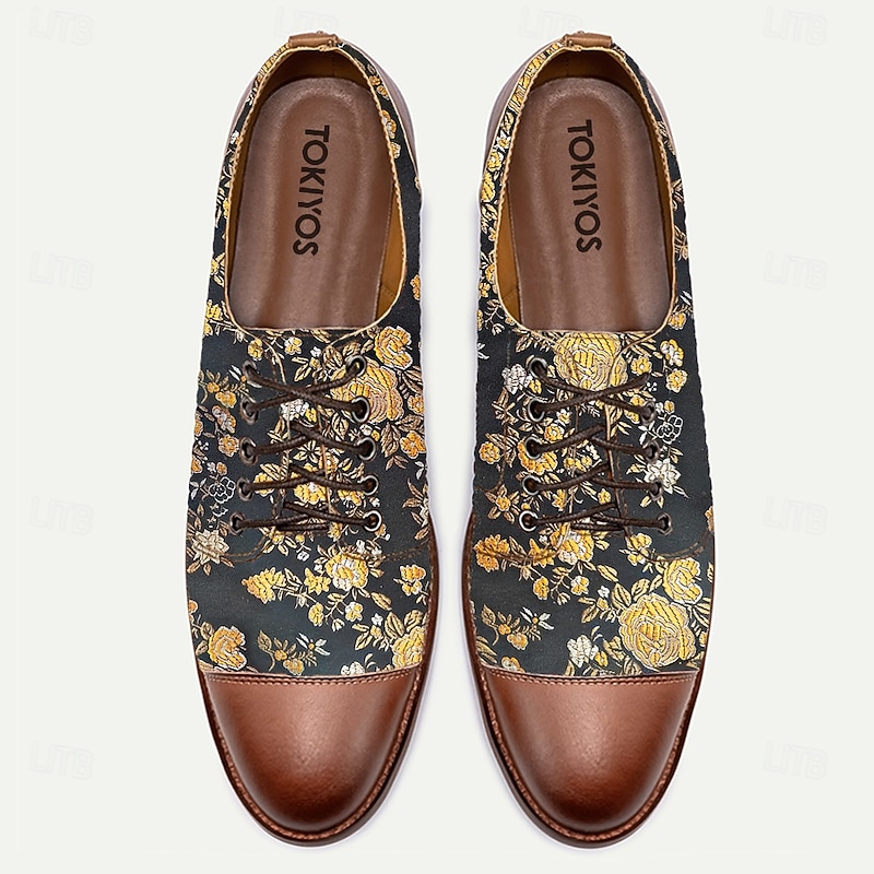 Men's Floral Jacquard Oxford Shoes with Faux Leather Toe Cap and Heel – Vintage Style Dress Shoes for Formal Events4
