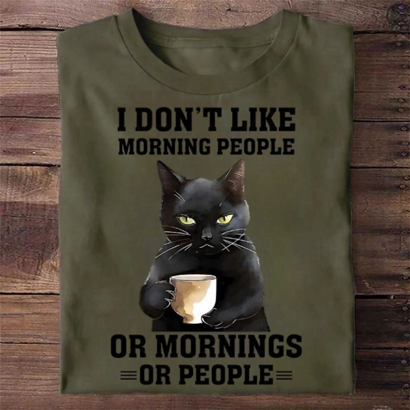 Mens Funny Cat Graphic T-Shirt Short Sleeve I Don't Like Morning People Or Mornings Or People Introvert Humor Tee2