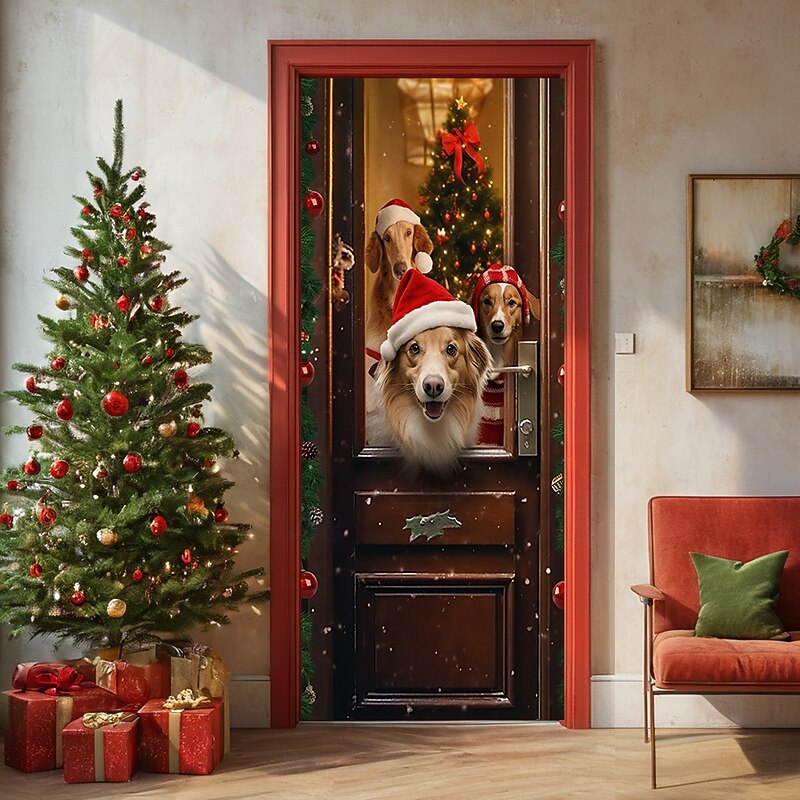 Christmas Door Decorations Door Covers Xmas Animal Dog Door Tapestry Door Curtain Decoration Backdrop Door Banner for Front Door Farmhouse Holiday Party Decor Supplies Indoor/Outdoor3