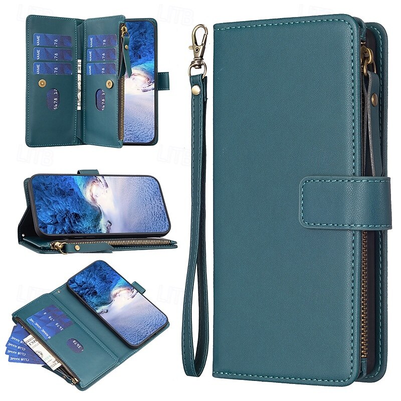 Phone Case For iPhone 16 15 14 Pro Max Plus 13 12 11 Pro Max Wallet Case with Stand Holder Zipper with Wrist Strap Retro TPU PU Leather2