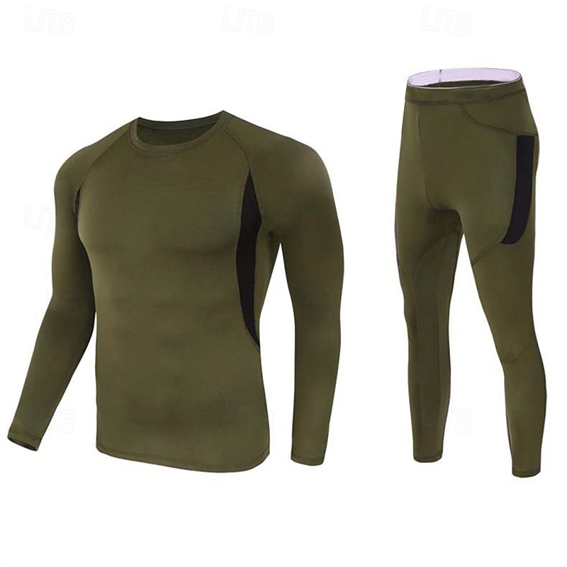 Men's Tracksuit 2 Piece Fleece Color Block Base Layer Compression Shirt and Pants Athletic Clothing Set Fall Black Army Green Gym Workout Jogging Running Thermal Warm Soft Long Sleeve Sport Activewear