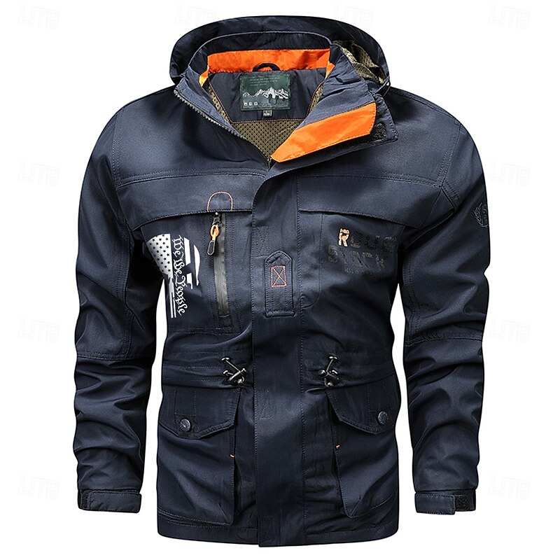 Men's Letter Printed Outdoor Jacket Coat Tactical Practical Casual Sports Outdoor Daily Wear Side Pockets Zip Front Adjustable Drawstring Hood Fall Winter Standing Collar Long Sleeve khaki Army Green4
