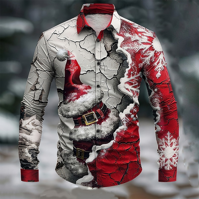 Christmas Men's Christmas Shirt Button Up Shirt Long Sleeve Casual Party Evening Wear Daily Fall Winter Spring & Summer Shirt Collar Button Up 3D Print Red