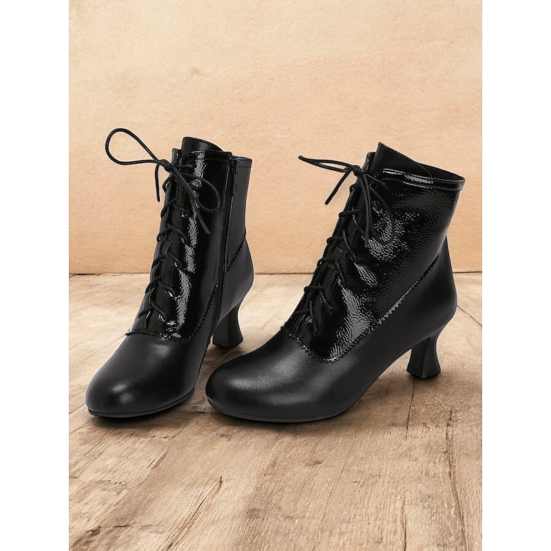 Women's Black Lace-Up Vintage Ankle Boots – Retro Mid-Heel Victorian-Style Leather Booties for Casual and Formal Wear4