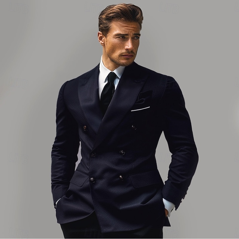 Men's Blazer Jacket School Formal Wedding Elegant Neutral Fall Winter Polyester Rayon Solid Color Double Breasted Blazer Black Navy Blue