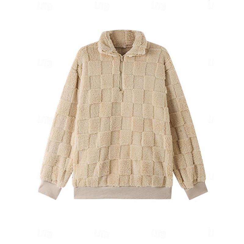 Women's Sweatshirt Casual Sherpa Fleece Plain Street Dailywear Turtleneck Zipper Long Sleeve Beige Fall Winter4