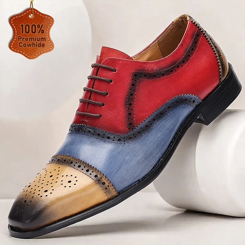 Men's Premium Cowhide Leather Oxford Shoes – Multicolor Brogue Lace-Up Dress Shoes with Wingtip Design