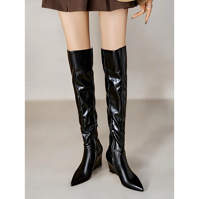Women's Black Over-the-Knee Wedge Heel Boots – Sleek Faux Leather, Pointed Toe, Winter Fashion for Casual or Night Out4