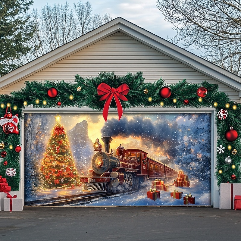 Christmas Outdoor Garage Door Cover Xmas Banner Train Tree Large Christmas Backdrop Decoration for Holiday Outdoor Garage Door Home Wall Decorations