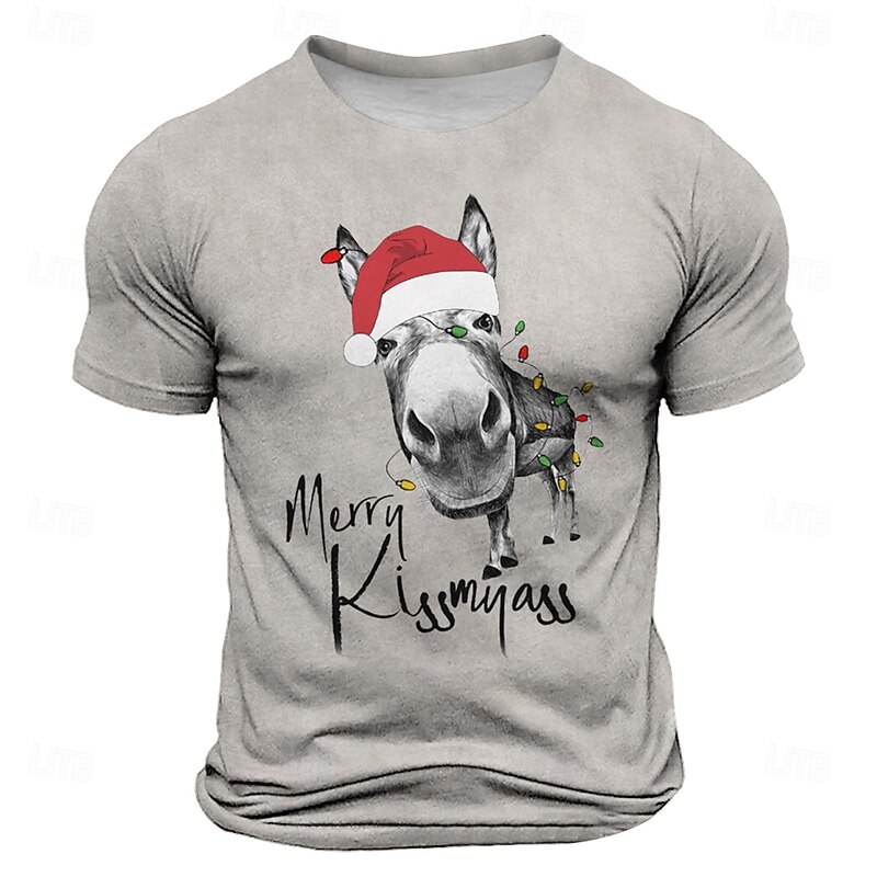 Christmas Men's Christmas animal 3D T-shirts Donkey Hat Retro Vintage Casual Street Style 3D Print Tee Sports Outdoor Holiday Light Grey Short Sleeve Crew Neck Spring & Summer Clothing
