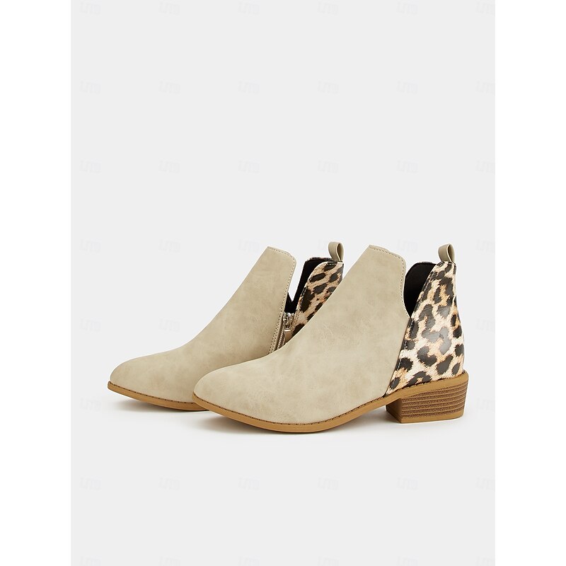 Women's Beige Ankle Boots with Leopard Print and Low Block Heel – Trendy Side Zip Booties for Casual and Everyday Wear3