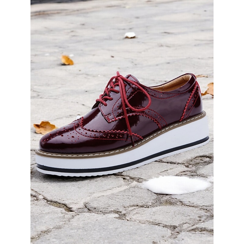 Women's Burgundy Patent Leather Oxford Platform Shoes – Brogue Detailing with Lace-Up Design and Elevated Sole for Casual and Formal Wear2