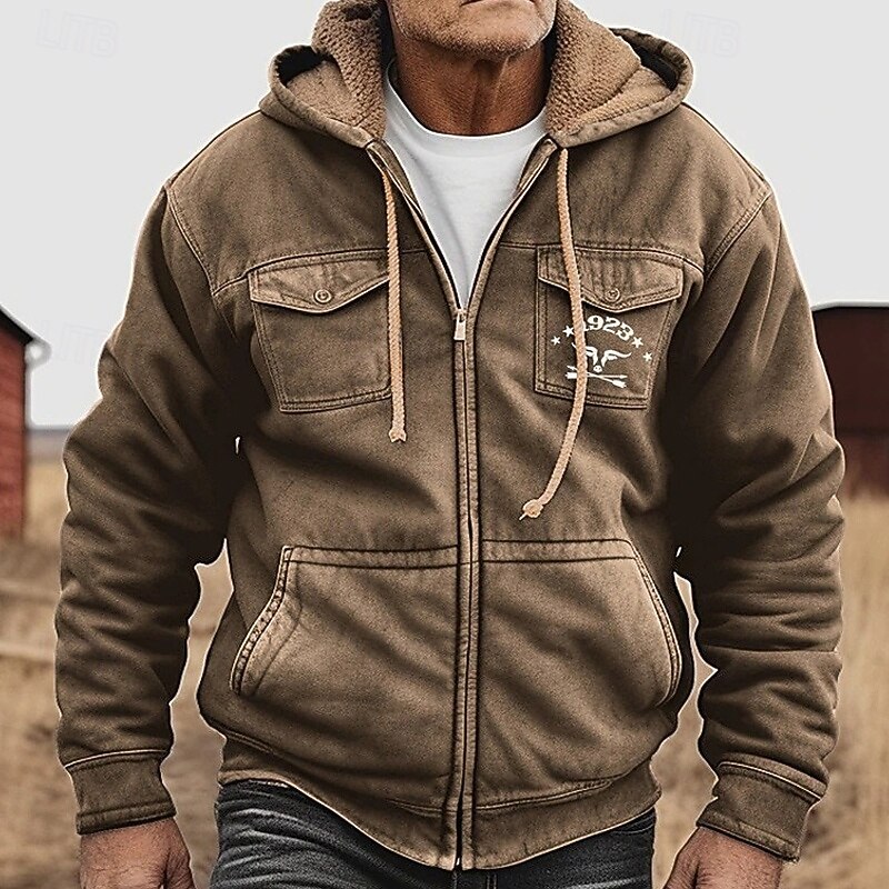 Men's Full Zip Hoodie Zip Up Hoodie Fleece Hoodie Army Green Blue Brown Khaki Hooded Cow Zip Up Pocket Sports & Outdoor Daily Holiday Polyester Vintage Basic Casual Fall & Winter Clothing Apparel4