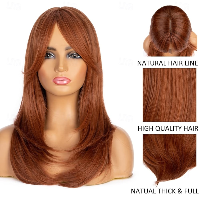 Megan Fox Inspired Wigs Auburn Wigs for Women Layered Wig with Bangs Long Straight Hair Wig Copper Brown Wigs Natural Synthetic Hair Heat Resistant Wigs for Daily Party Cosplay Use3