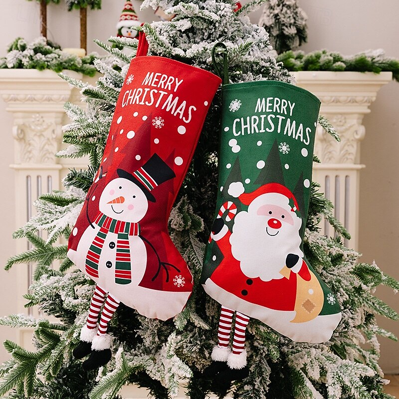 Christmas Colorful Print Stockings, Christmas Decoration Xmas Party Santa Gift Socks and Snowman Gift Bags, Red and Green Hanging Holiday Stockings4