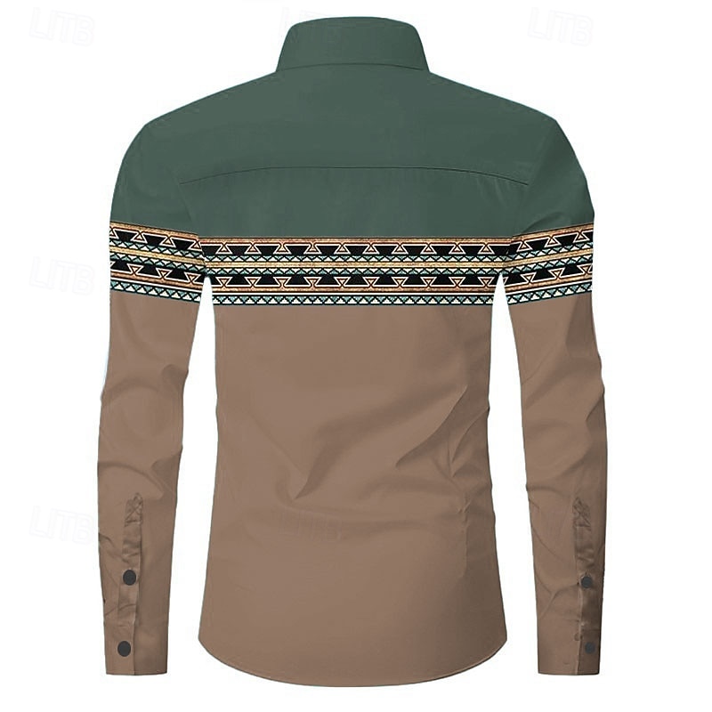 Men's Color Block Western Shirt Button Up Shirt Cowboy Shirt Long Sleeve Vintage Western Dailywear Spring Fall Winter Turndown Collared Shirts 3D Print Brown3