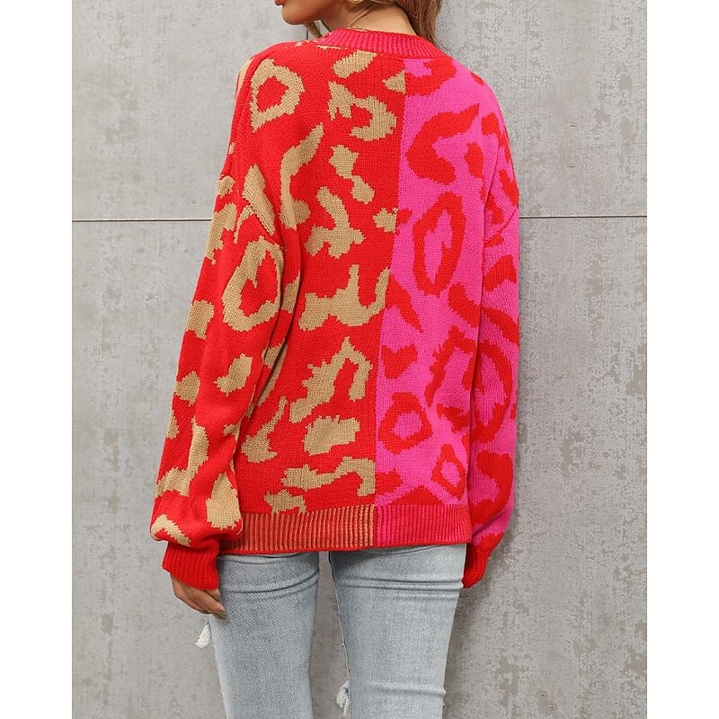Women's Cardigan Fashion Daily Casual Leopard Color Block Print Open Front Knitted Long Sleeve Regular Tops Knit Formal Home Red Brown Fall Winter 10