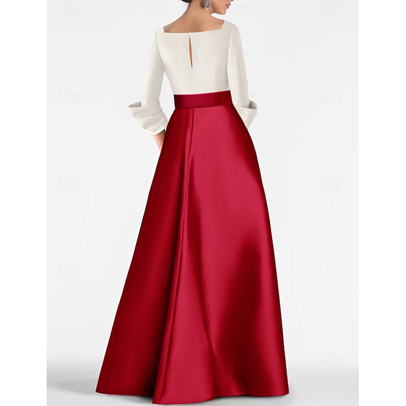 Red Sheath Evening Gown Elegant Dress Formal Floor Length 3/4 Length Sleeve V Neck Belt / Sash Satin with Slit2