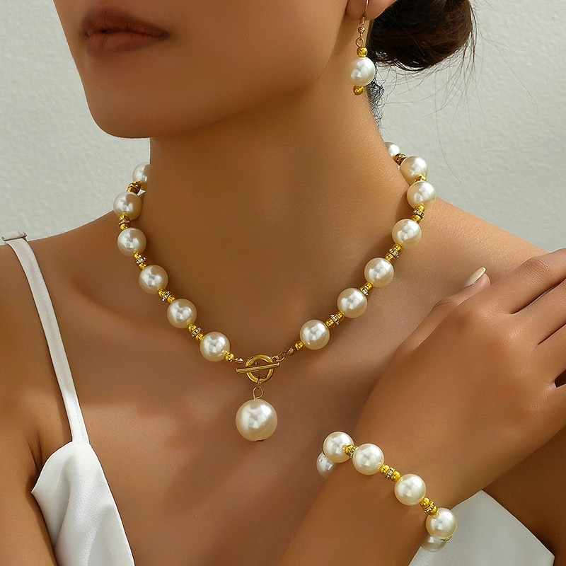 Classic Pearl Jewelry Set for Women – Faux Pearl Necklace, Bracelet, and Drop Earrings with Gold Accents, Perfect for Weddings, Parties, and Formal Events