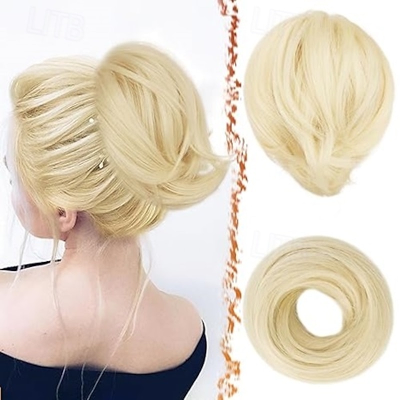 Straight Hair Bun Extensions, Short Ponytail Brown Hair Bun Extensions, Synthetic Messy Bun Hairpieces Elastic Easy Scrunchies for Women Girls2