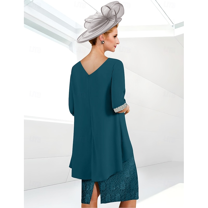 Beach Wedding Sheath Mother of the Bride Dress Elegant Jewel Neck Knee Length Sequined Stretch Chiffon Half Sleeve with Lace Ruching3