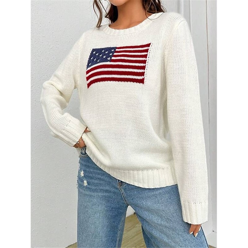 Women's Sweater Daily Stylish Casual Graphic Crew Neck Crewneck Long Sleeve Regular Tops Knit Going out Black White Fall Winter
