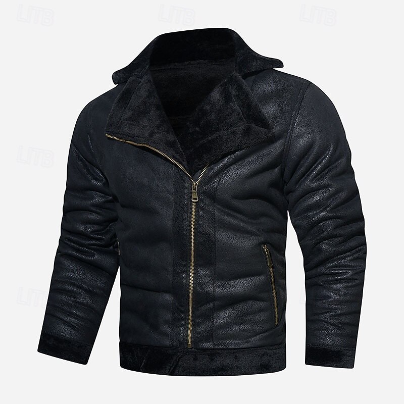 Men's Faux Leather Jacket Fleece Jacket Biker Jacket Vintage Leather Jacket Daily Vacation Windproof Warm Pocket Fall & Winter Plain Fashion Classic Lapel Regular Faux Leather Black Brown Jacket3
