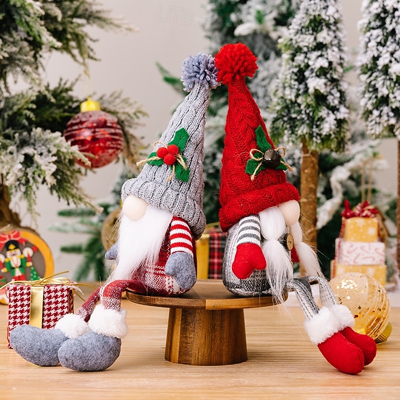 Christmas Gnome Figurines - Nordic Style Rudolph Faceless Doll Ornaments, Festive Decor with Knit Santa Claus, Holiday Pom-Pom Decorations2