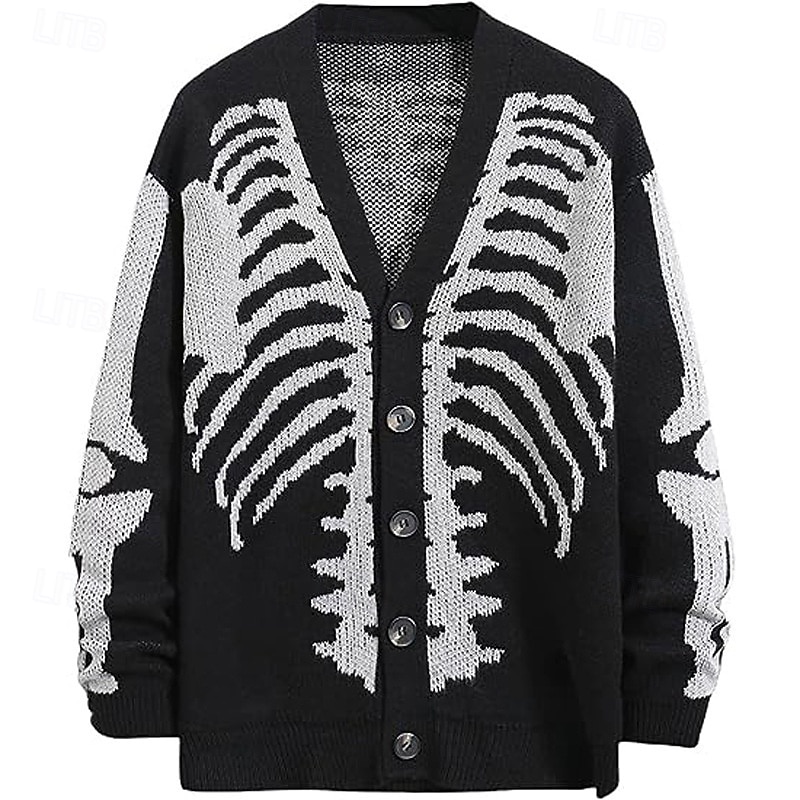 Men's Cropped  Sweater Cardigan Sweater Jacquard Sweater Knit Sweater Ribbed Knit Regular Cool Skulls V Neck Fashion Classic Halloween Daily Wear Clothing Apparel Fall & Winter Army Green Black S M L