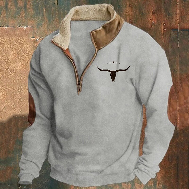 Men's Sweatshirt Quarter Zip Sweatshirt Black Navy Blue Brown Gray Half Zip Color Block Cow Patchwork Sports & Outdoor Daily Holiday Polyester Vintage Basic Casual Fall & Winter Clothing Apparel4