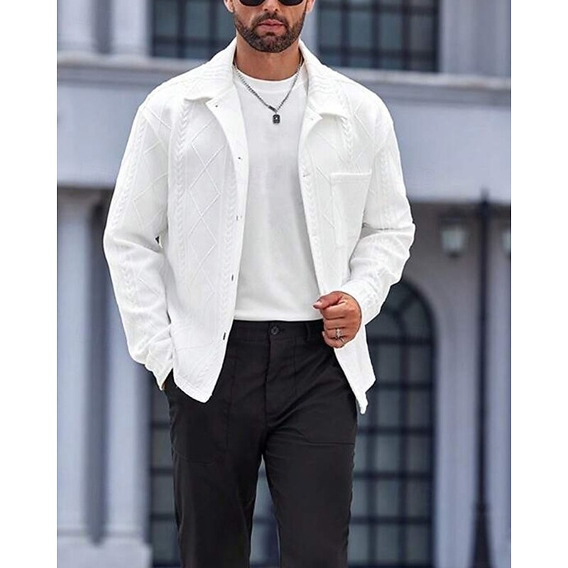 Men's Shirt Jacket Overshirt Jacket Plain Vacation Daily Wear White Long Sleeve Lapel Fall & Winter Clothing Apparel Jacquard3