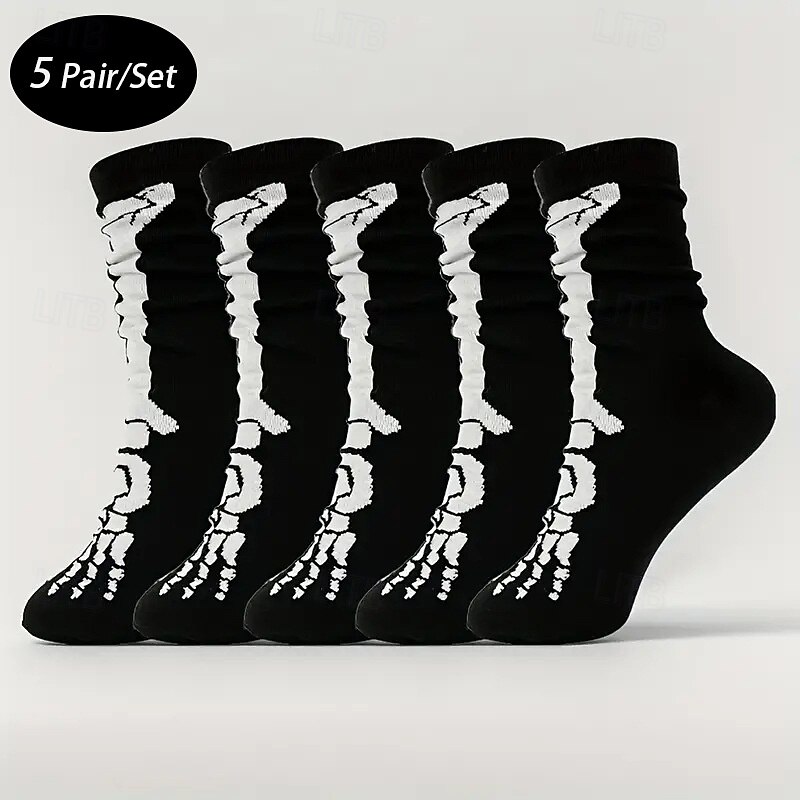 Men's 5 Pairs Multi Packs Socks Crew Socks Casual Socks Black Color Halloween Skulls Sports & Outdoor Daily Vacation Basic Medium Fall & Winter Fashion Casual