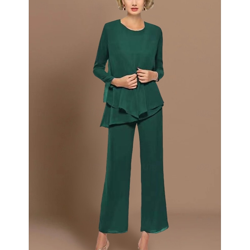 Pantsuit 3 Piece Mother of the Bride  Wedding Guest Elegant Vintage Scoop Neck Ankle Length Chiffon Long Sleeve Wrap  with Ruffles Solid Color