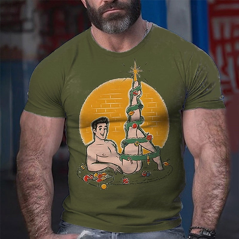 Mens Funny Human Christmas Tree Graphic T-Shirt Short Sleeve Novelty Holiday Top4