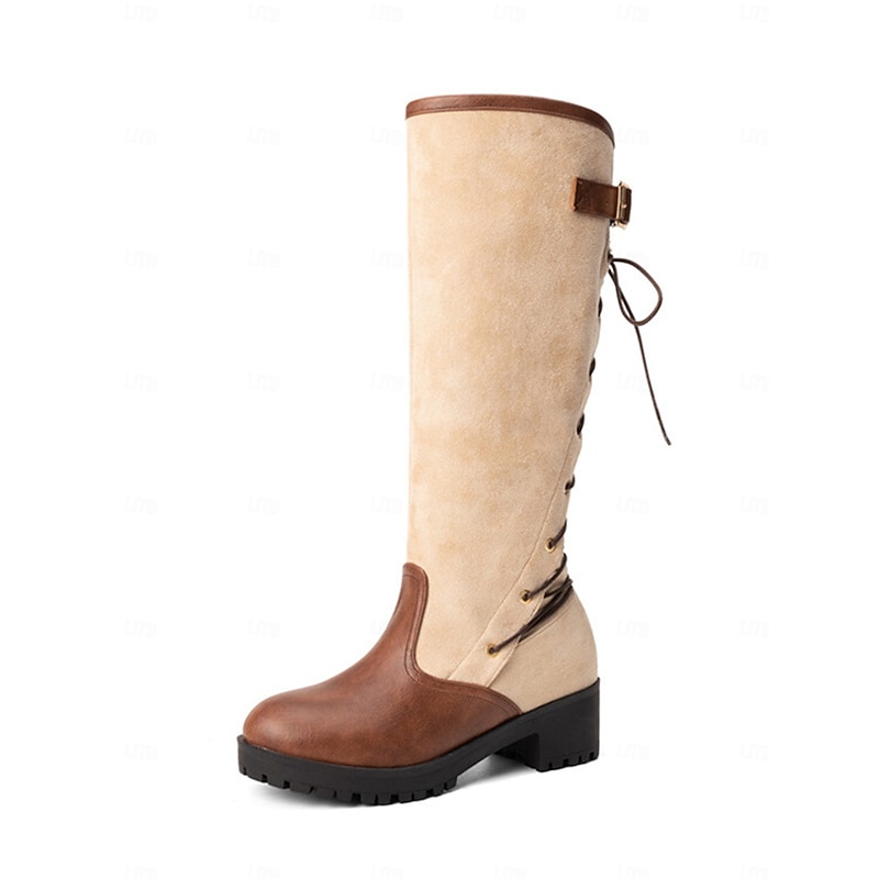 Women's Equestrian Riding Boots – Brown and Beige Faux Leather Knee-High Boots with Lace-Up Back, Ideal for Horseback Riding, Outdoor Fall Adventures, and Country Style Outfits3