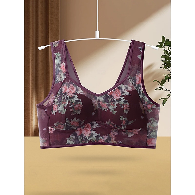 Women's Mesh Floral Print Bra Graphic Bra Wirefree Non Padded Full Coverage Solid Moulded Everyday Bra Home Outfits2
