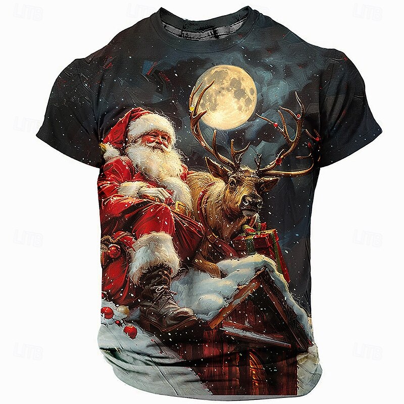 Christmas Men's Santa Claus 3D T-shirts Santa Claus Deer Fashion Athleisure 3D Print Tee Street Sports Outdoor Black Short Sleeve Crew Neck Summer Spring Clothing Apparel S M L XL XXL XXXL