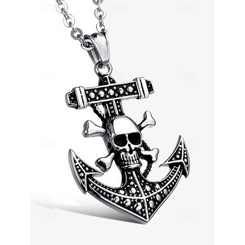 Men's Gothic Skull and Anchor Pendant Necklace – Vintage Pirate-Themed Stainless Steel Chain for Biker, Punk, and Halloween Styles3