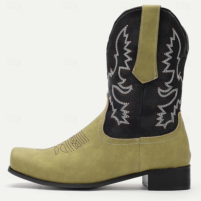 Men's Green and Black Faux Suede Western Cowboy Boots with Embroidered Design - Classic Vintage-Style Boots for Rodeo and Outdoor Wear4