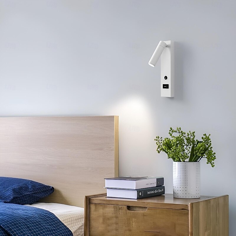 LED Wall Sconce with USB Charging Port Wall Mounted Reading Lamp Bedside Button Switch Wall Lighting Indoor Wall Lights3