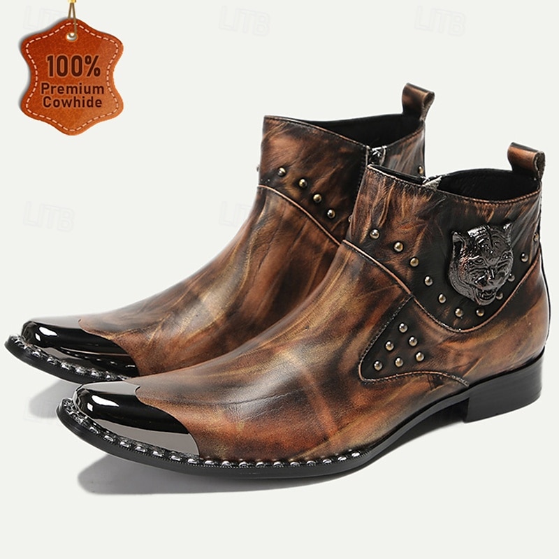Men's Premium Cowhide Leather Motorcycle Boots with Gold Tip Studded Design, Brown Gradient Finish, and Metallic Detailing–Perfect for Biker Style and Casual Outfits