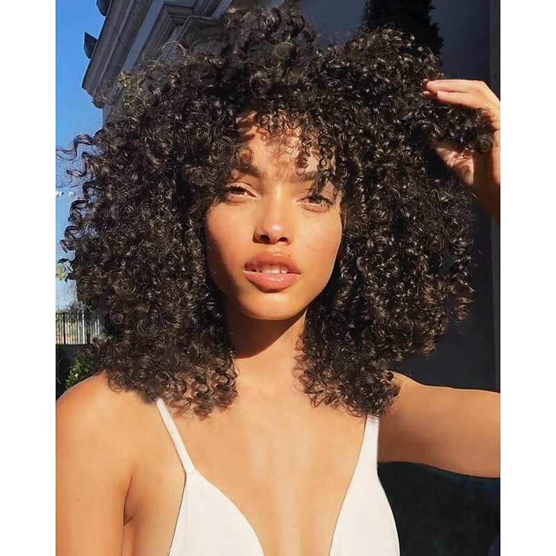 Afro Curly Wigs with Bangs for Black Women Kinky Curly Synthetic Hair Heat Resistant Wig for Daily Party3