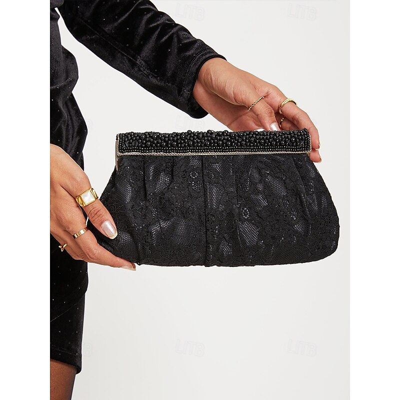 Women's Elegant Black Lace Evening Clutch Bag with Beaded Trim and Chain Strap – Perfect for Weddings, Parties, and Formal Events