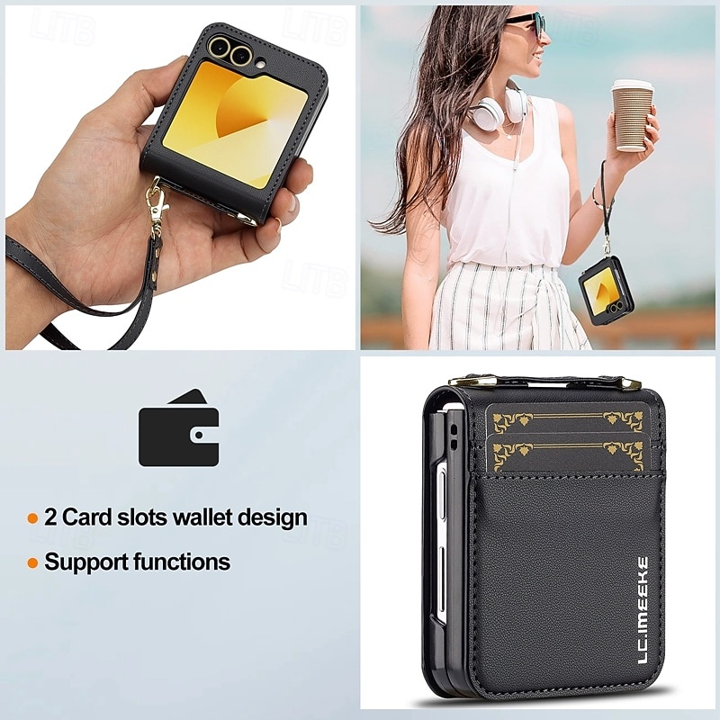 Phone Case For Samsung Galaxy Z Flip 7 Z Flip 6 Z Flip 5 Z Flip 4 Z Flip 3 Back Cover with Lanyard with Wrist Strap Card Slot TPU Metal PU Leather4