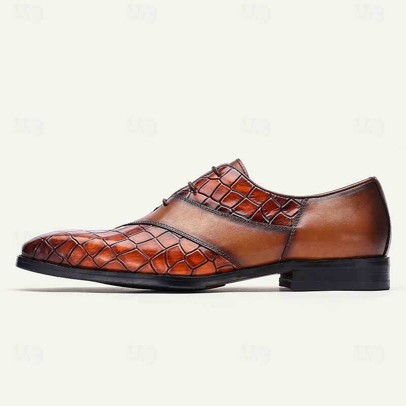 Men's Brown Crocodile Embossed Leather Oxford Shoes – Premium Cowhide Formal Lace-Up Shoes for Business and Special Events3