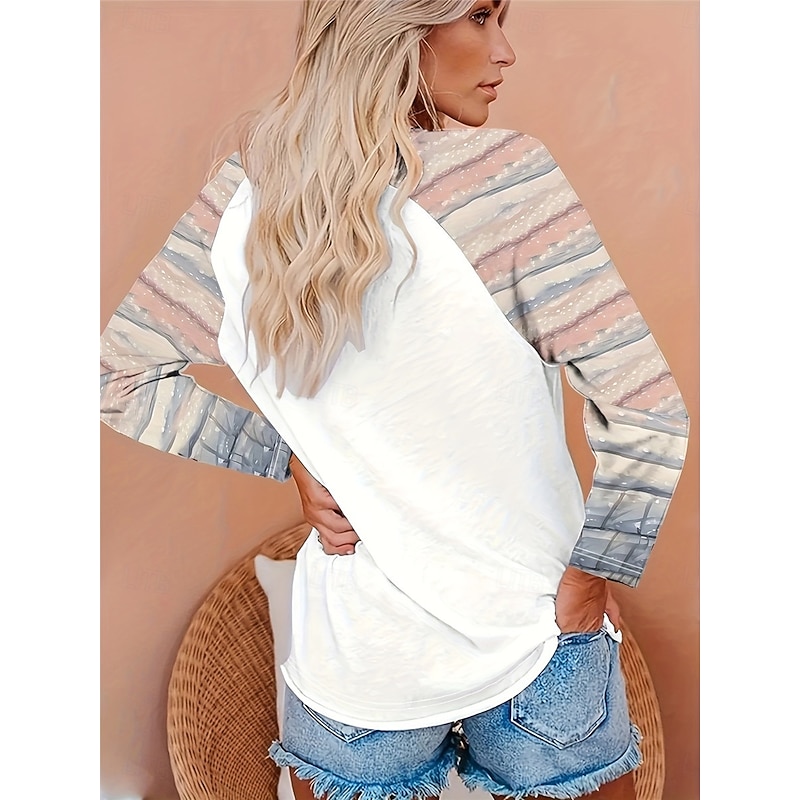Women's T Shirt Casual Print Long Sleeve Long Tops Crew Neck Daily Khaki Spring &  Fall2